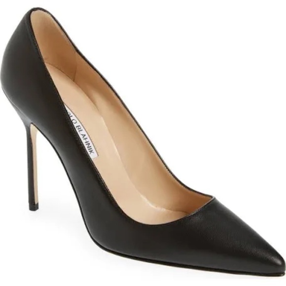 Manolo Blahnik NEW Black Leather Pointed Toe BB Pump 39.5 105mm New In Box - Picture 1 of 16